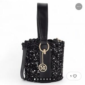 Badgley Mischka Black Sequin Bucket Bag with Gold Charm
